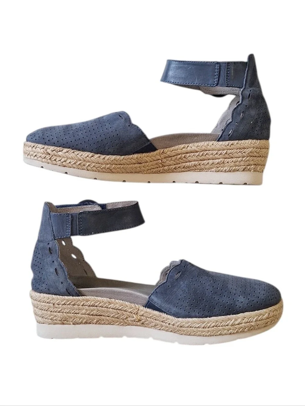 Earth Blue Leather Espadrille Wedge Sandals Ankle Strap Comfort Shoes Sz 8.5